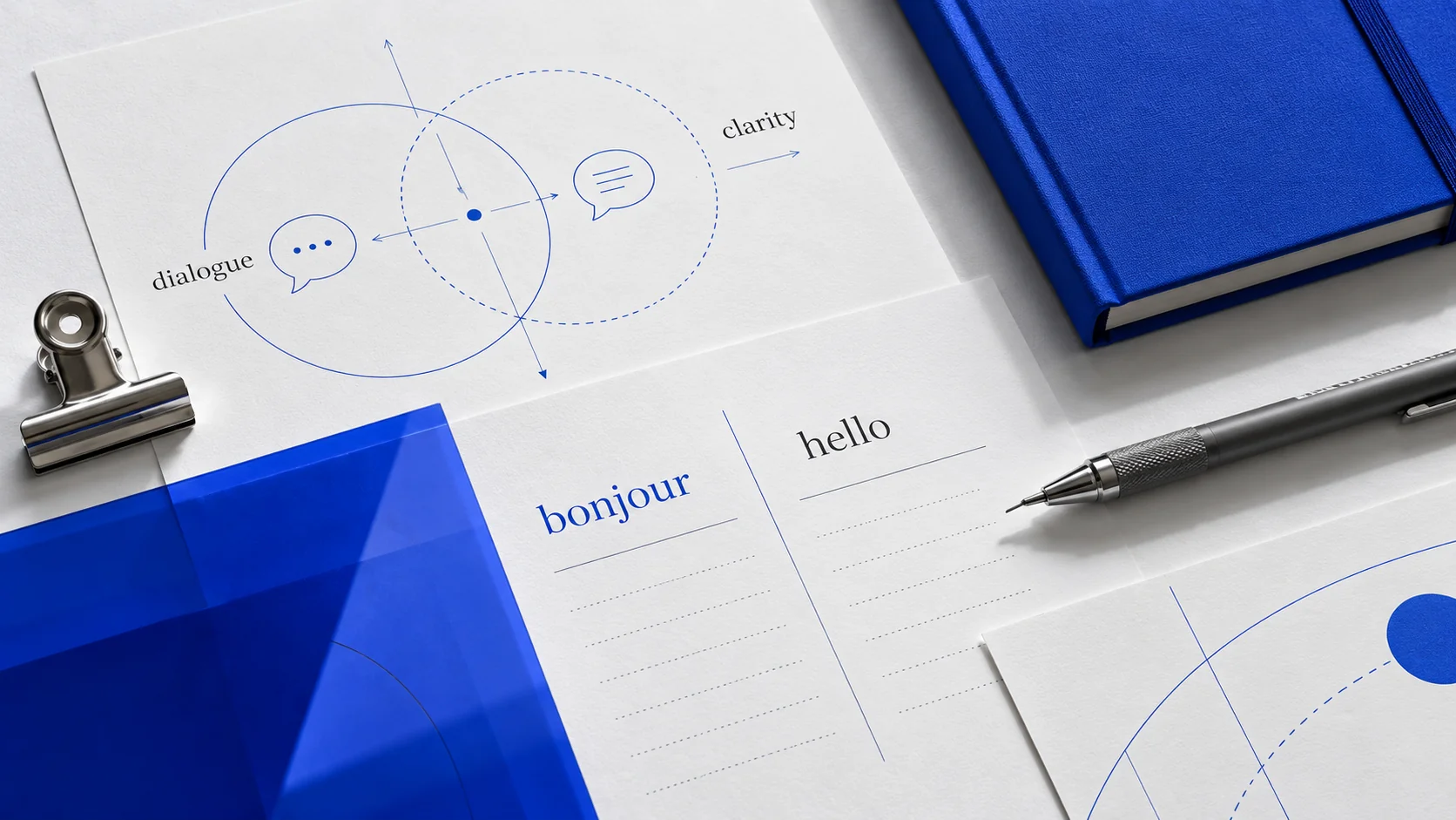 Carnet bleu et supports de travail pour la communication professionnelle